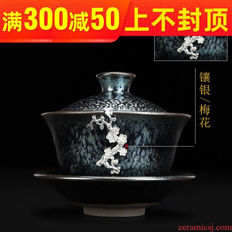 Build light tureen silver oil drop three to make tea bowl bowl fambe large red glaze, ceramic bowl is kung fu tea set