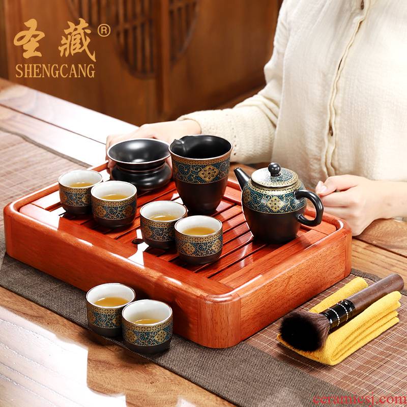 Spend pear wood, ancient office ceramic tea set household small tea table, making tea cup of Chinese tea tray was a complete set of restoring ancient ways