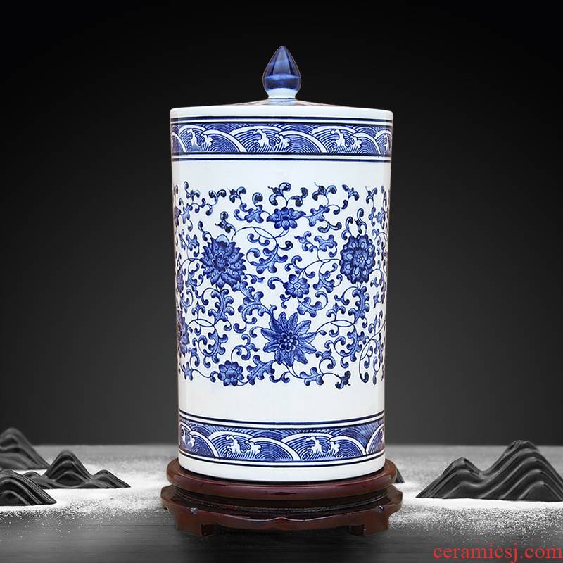 Jingdezhen blue and white porcelain storage tank bound branch lotus lines straight who mandarin orange red, green tea, pu 'er as cans not sealed with cover