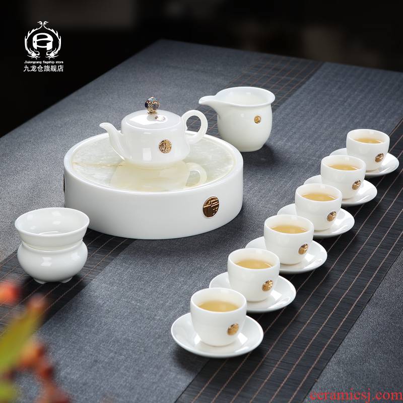Jingdezhen suet jade white porcelain kung fu tea set suit I and contracted household small teapot teacup tureen tea