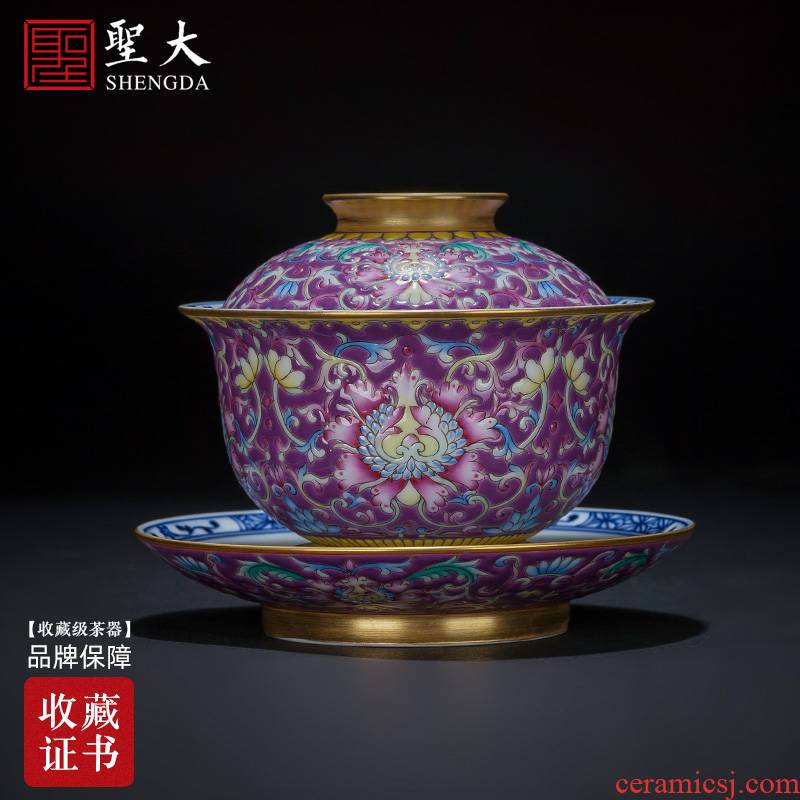 Holy big ceramic hand - made purple colored enamel bound to lotus flower painting of jingdezhen blue and white landscape cover all hand bowl tea sets