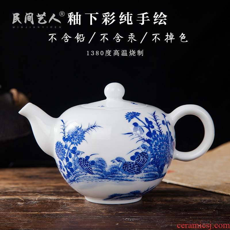 Jingdezhen ceramic teapot hand - made kung fu tea set manually make tea kettle is blue and white porcelain is small package mail kettle