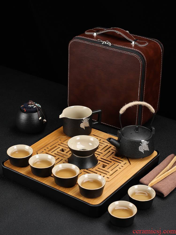 Poly real (sheng Japanese kung fu tea set of black suit household contracted ceramic teapot teacup tea tea tray of a complete set of travel