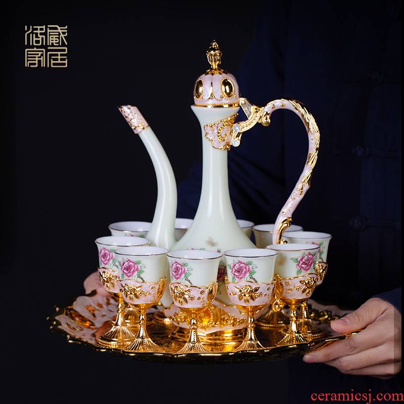 , liquor cup suit household jingdezhen ceramic European - style wine hip yellow glass small a small handleless wine cup gift