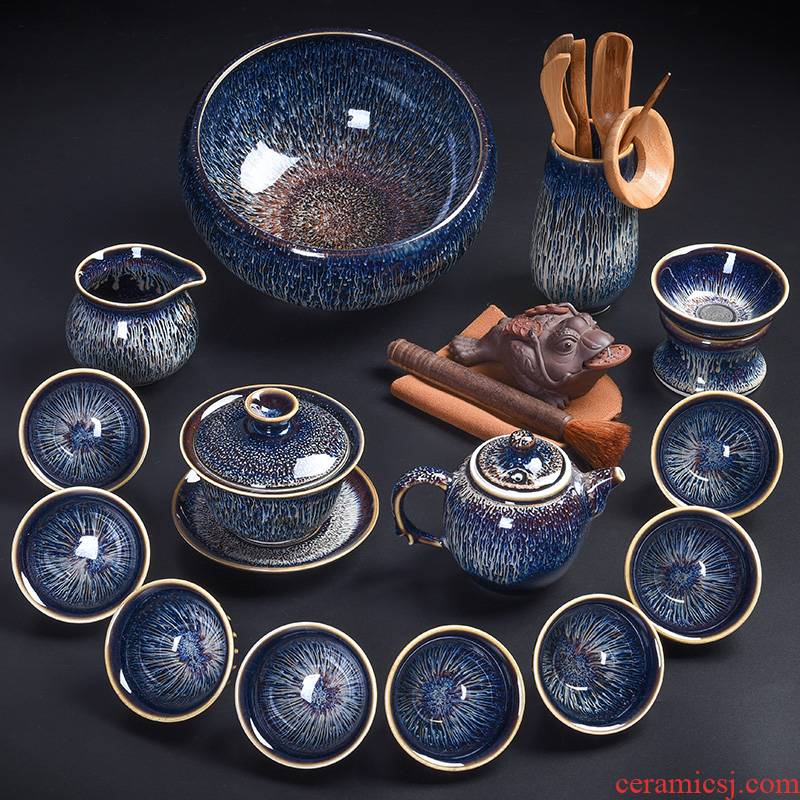 Tao blessing, jingdezhen blue drawing to build light tea set household with silver star light teapot teacup silver tea set