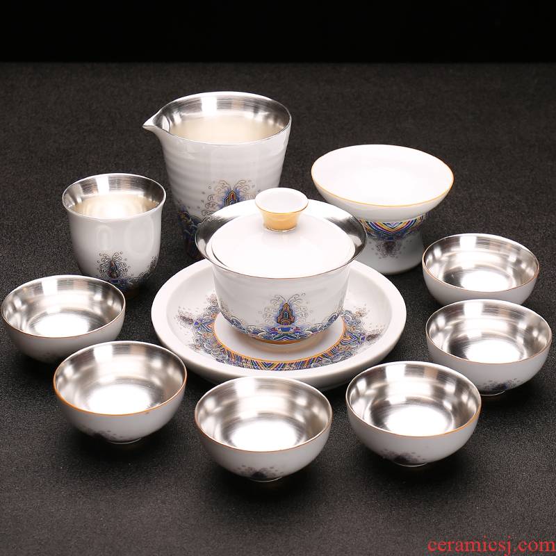 Tasted silver gilding ceramic kung fu tea set gift colored enamel tureen tea cups XiCha clepsydra the whole household