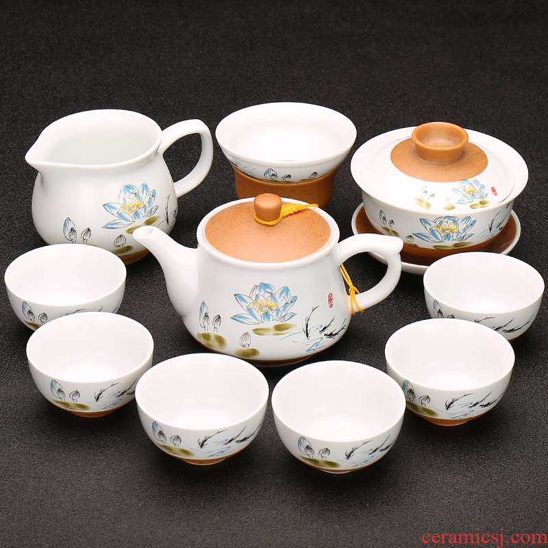White porcelain tea set household kung fu tea set porcelain of a complete set of I and contracted office tureen tea cup teapot