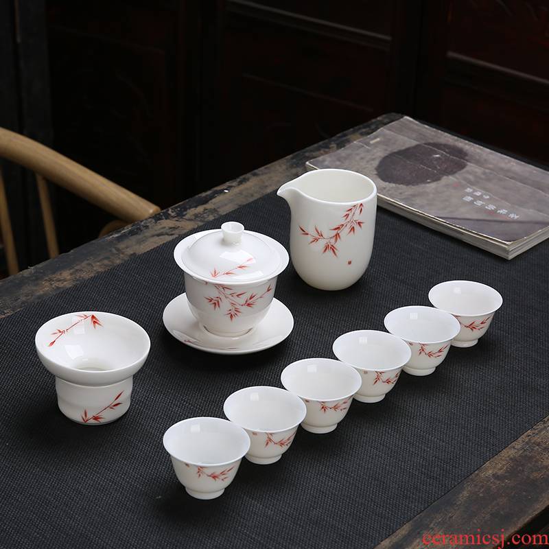 Back at dehua white porcelain household suet jade porcelain of a complete set of kung fu tea sets tea teapot teacup