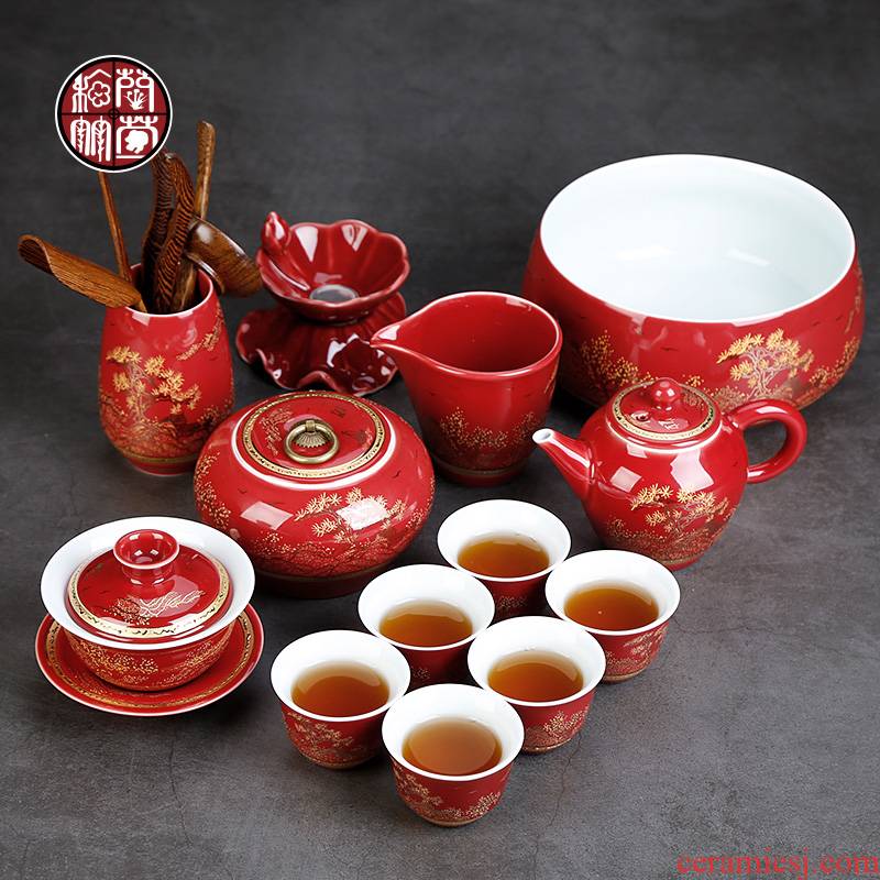 Jingdezhen ji red kung fu tea set gift boxes red wedding wedding wedding with the question of a complete set of wedding