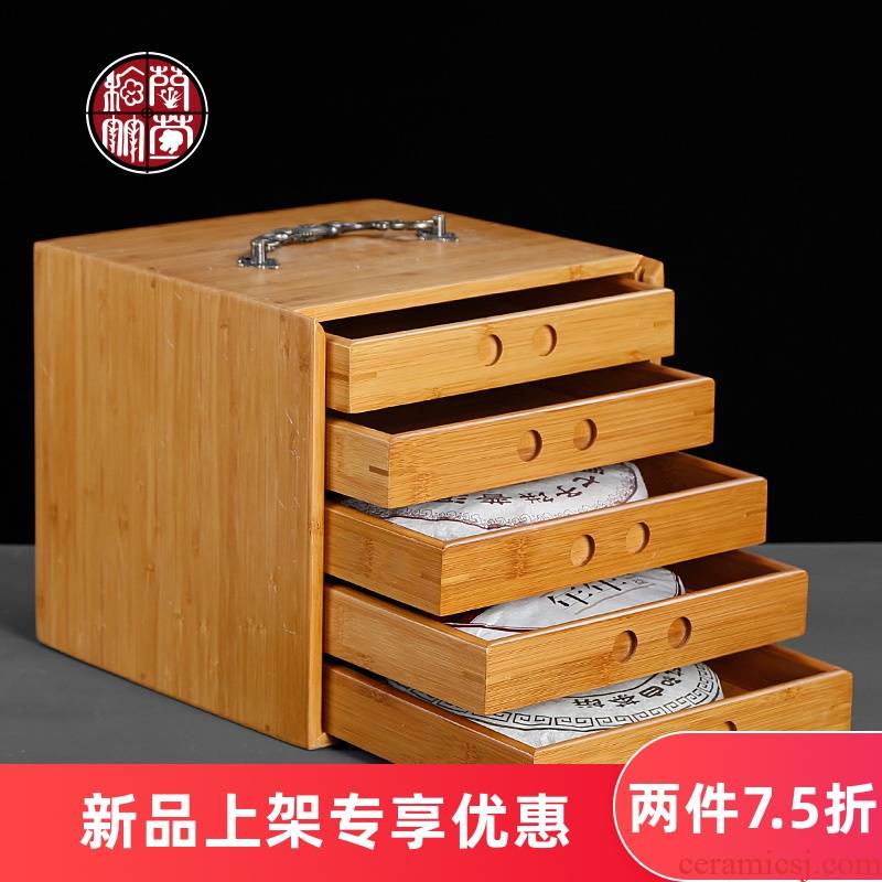 Multilayer bamboo drawer puer tea box of domestic tea cake tea box multi - function receive Chinese bamboo cabinet