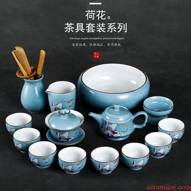 Lotus tea exchanger with the ceramics glaze ceramic kung fu tea set automatically suit household gift boxes of a complete set of tureen tea cups