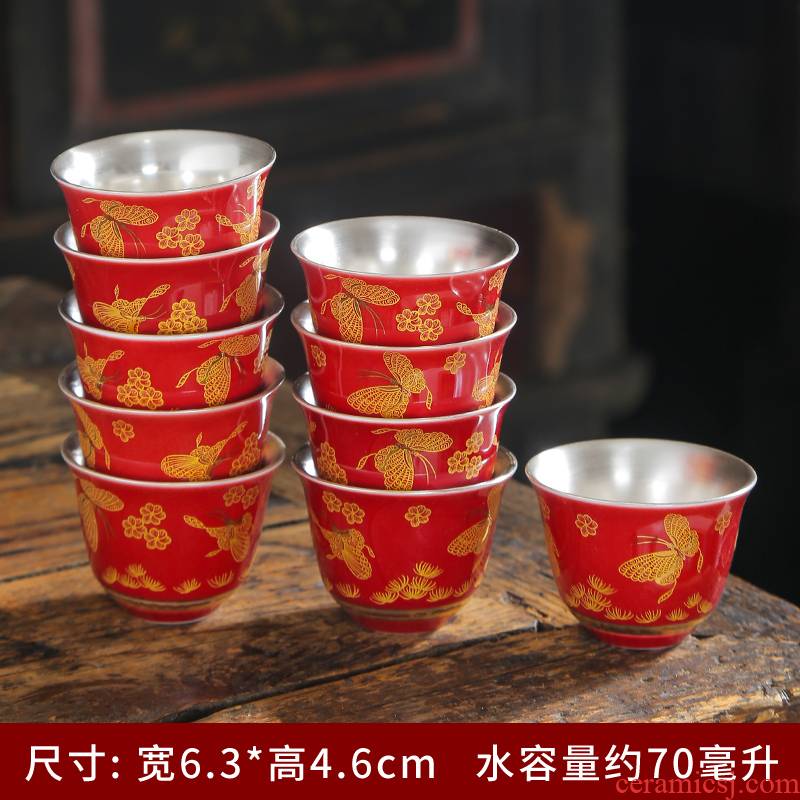 999 sterling silver, jingdezhen steak flower porcelain kung fu tea tasted silver gilding single cup sample tea cup master cup hand with silver cups