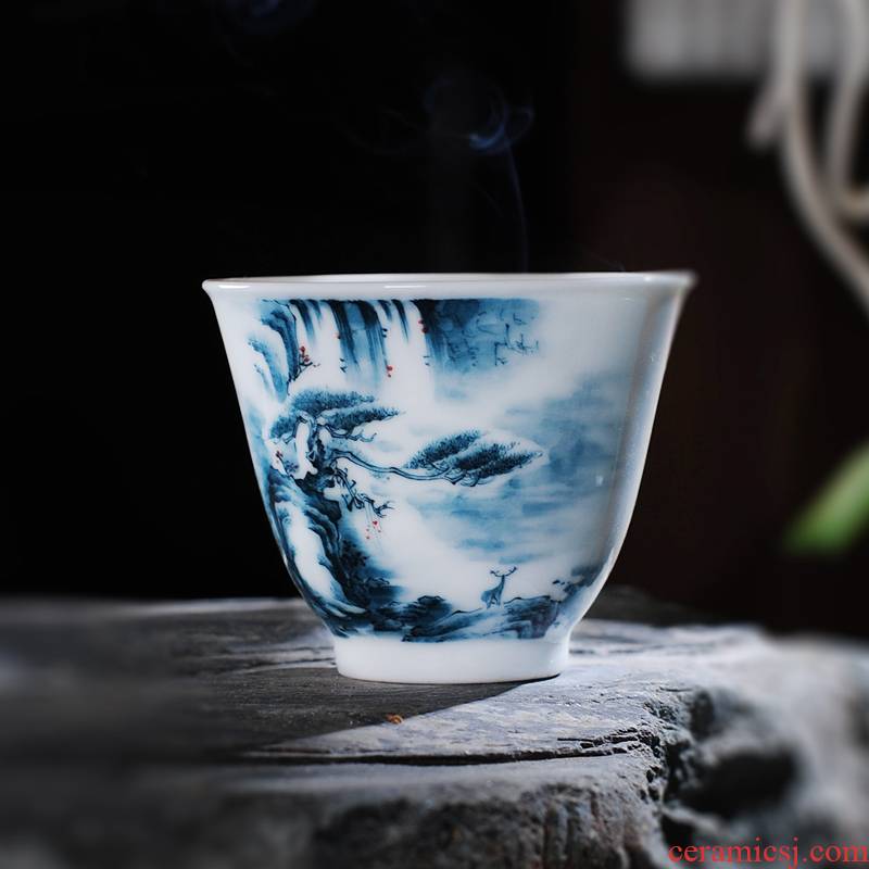 The Owl up jingdezhen tea set under the glaze color hand - made landscape master cup sample tea cup kunfu tea cup
