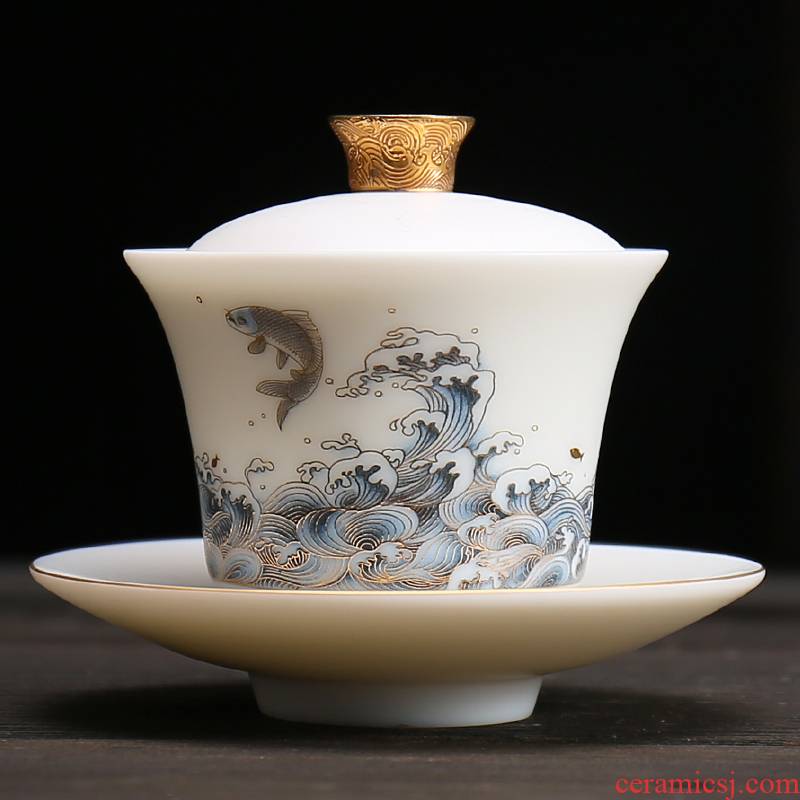 Suet jade only three gold - plated tureen ceramic tea set dehua white porcelain cups manual single kung fu tea bowl