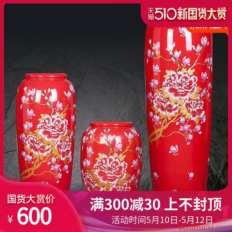 Jingdezhen ceramic floor large vase furnishing articles red peony POTS home sitting room decoration to the hotel opening