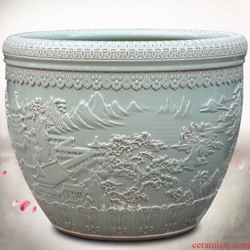 Jingdezhen porcelain carving landscape painting goldfish turtle cylinder water lily sitting room courtyard study office furnishing articles