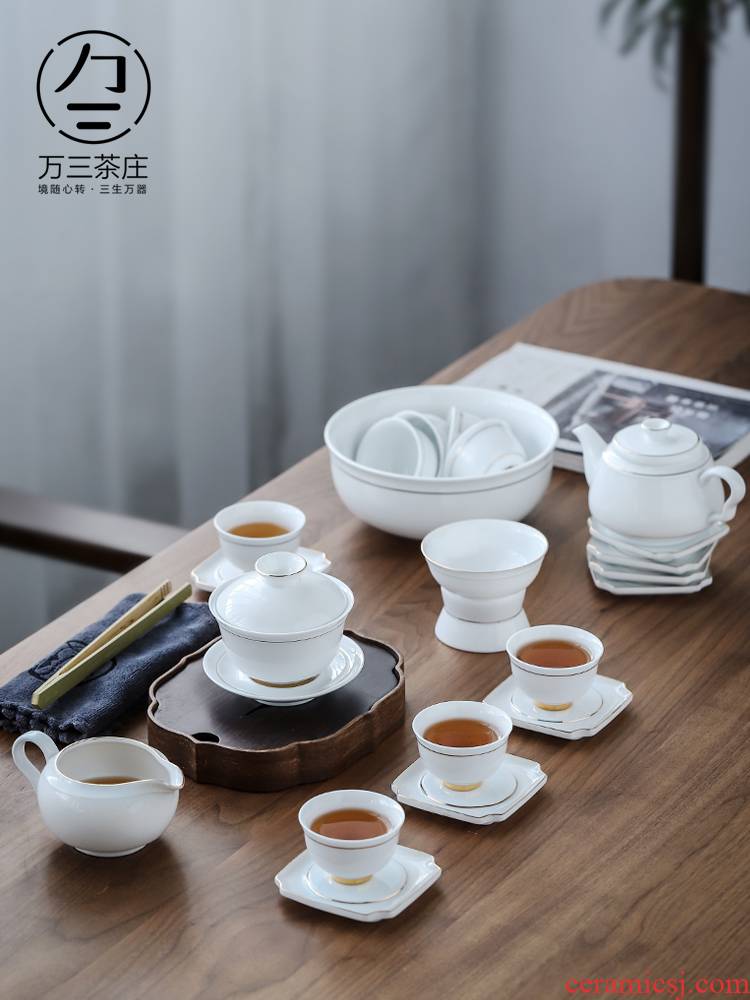 Dehua white porcelain tea set household kung fu tea set a complete set of ceramic cups contracted lid bowl of tea
