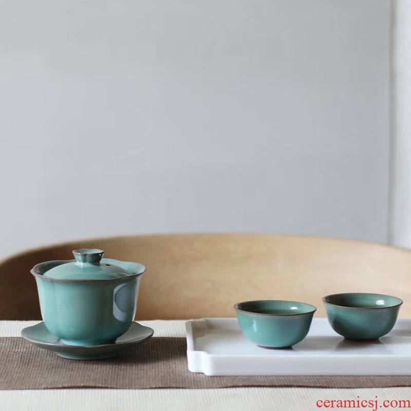 Manual ceramic Japanese zen lotus coarse pottery kung fu tea sets tea ware crack cup tea set three tureen