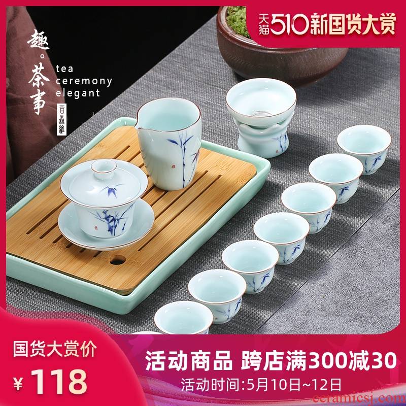 Dehua white porcelain kung fu tea set contracted household green ceramic lid bowl cups of a complete set of blue and white porcelain