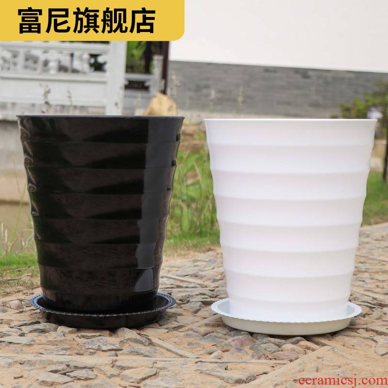 Rich ceramic high thickening flower pot, flower pot thread plastic ultra heavy flowerpot imitation large round black and white