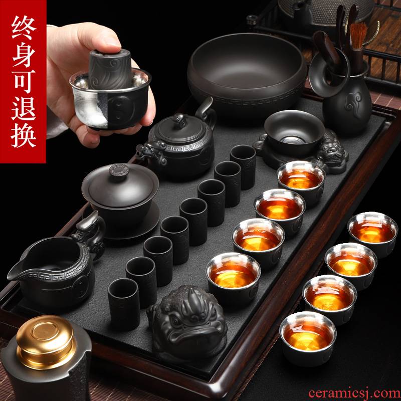 Recreational product manual pure silver 999 purple sand tea sets xi shi pot of tea cups of a complete set of household kung fu tea set
