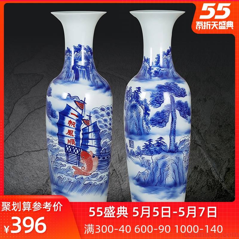 Jingdezhen ceramic hand - made a smooth landing big blue and white porcelain vase sitting room adornment is placed large adornment