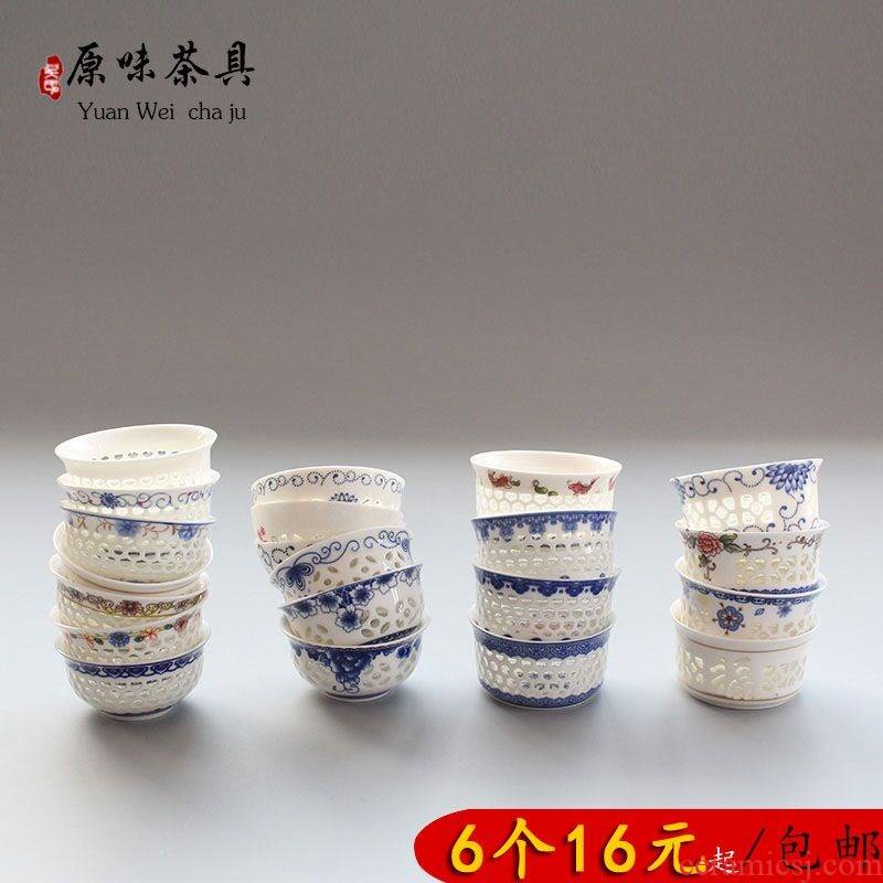 Garden and exquisite thin body of blue and white porcelain teacup hollow out pervious to light of the next single cup of jingdezhen ceramic kung fu tea set a character