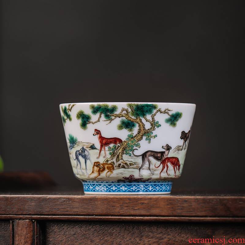 The Owl up jingdezhen tea kungfu master cup tea cup archaize pastel hand - made ten dogs figure