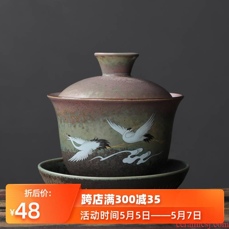 Large capacity as only three tureen Large bowl with Japanese hand - made cranes coarse pottery tea cups kung fu tea set