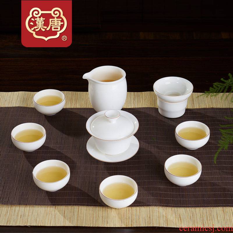 Han and tang dynasties suet jade white porcelain tea set ceramic checking household tureen kung fu tea set 10 sets of a complete set of cups