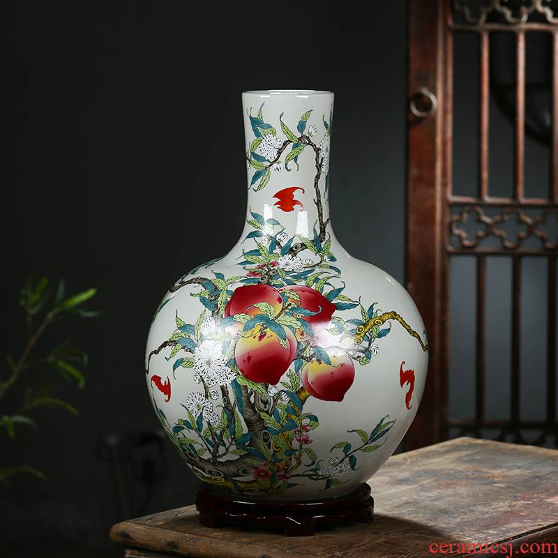 Jingdezhen ceramic antique qianlong pastel peach celestial nine large vases, Chinese style home sitting room adornment is placed