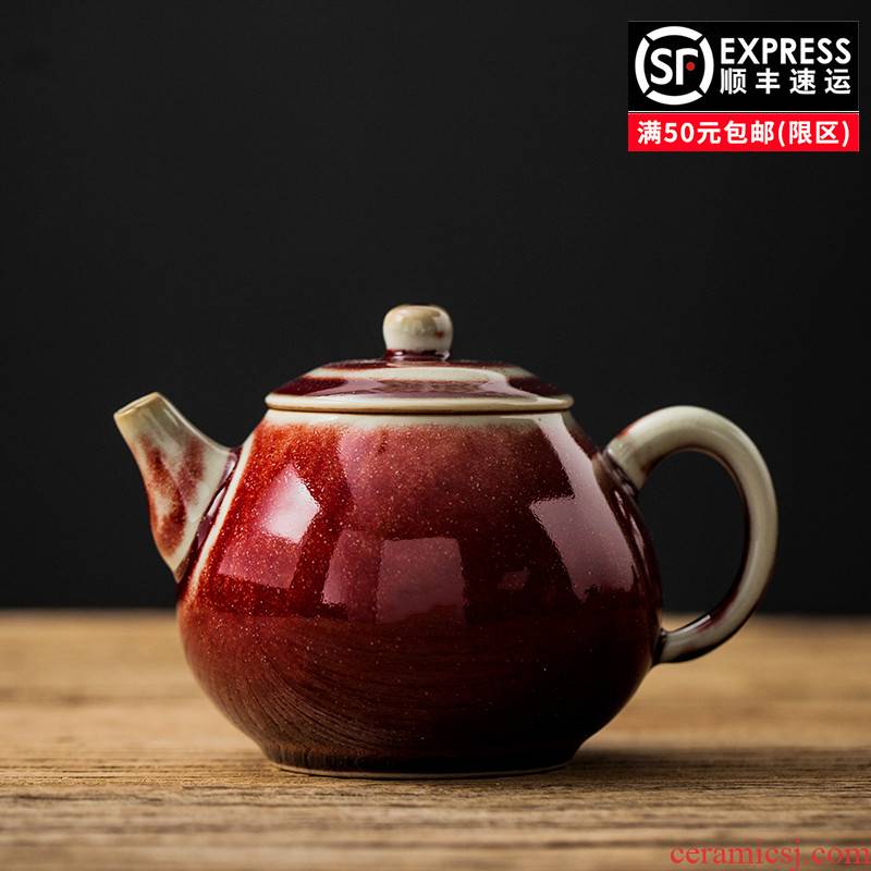Ruby red teapot household contracted the pear - shaped dragon egg antique pot ceramic kung fu tea set personal Japanese teapot single pot