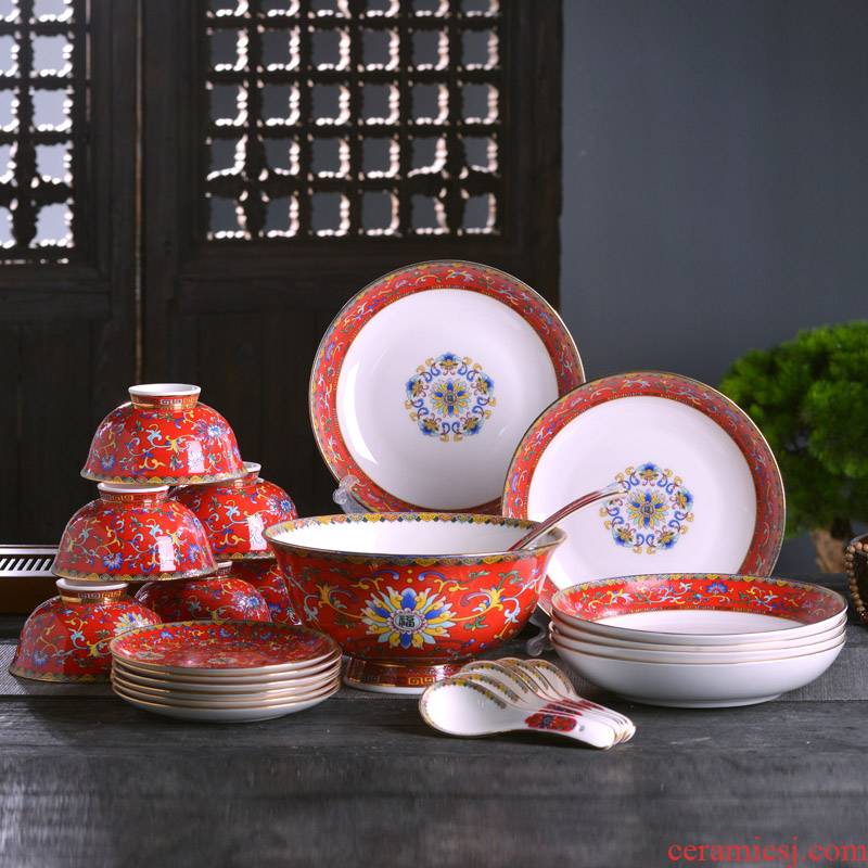 Jingdezhen ceramic colored enamel tableware bowls plates spoon combination suit Chinese style household rice bowls rainbow such as bowl slag of plates
