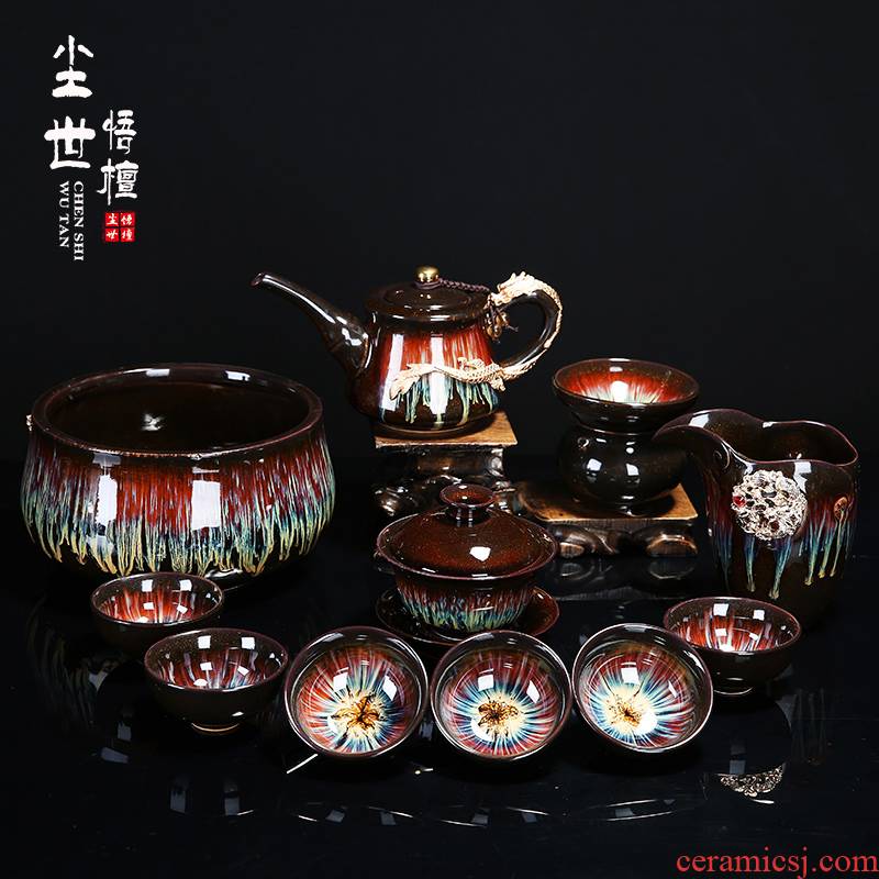 Obsidian is tasted silver gilding kung fu tea set household up masterpieces of a complete set of red glaze ceramic cups lid bowl