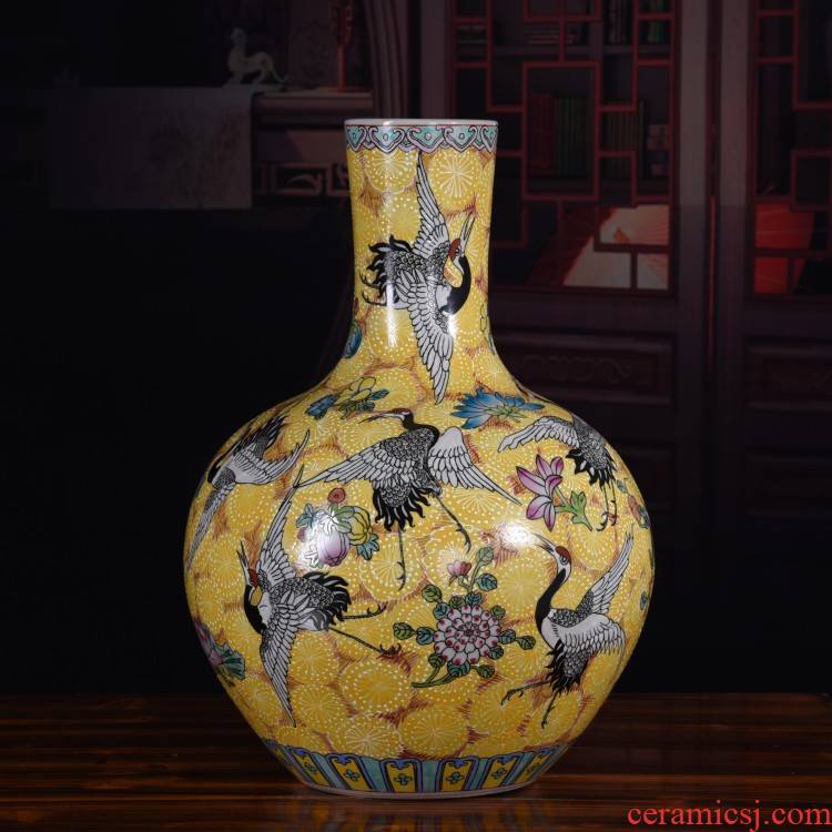 Archaize ceramic hand - made the reign of qianlong pastel cranes vase feng shui collection home decoration crafts are classical to ward off bad luck