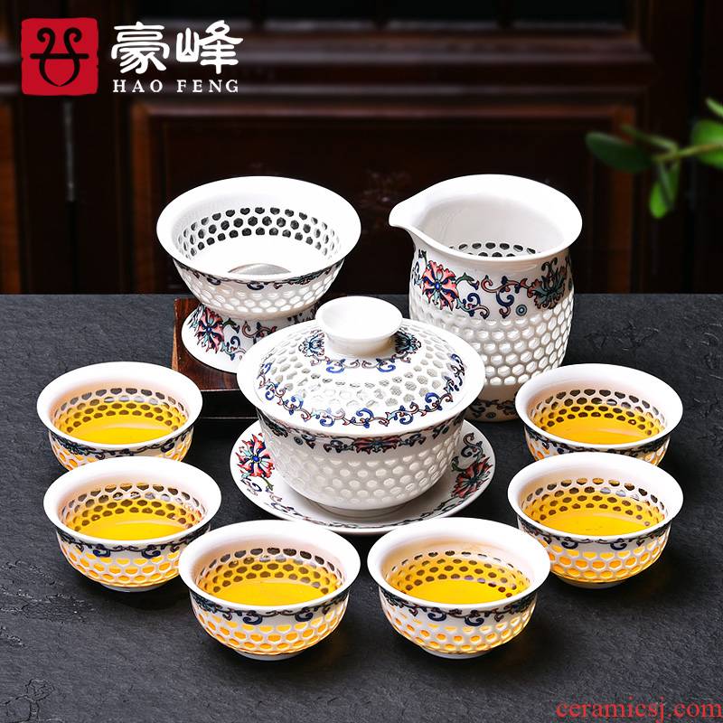 HaoFeng exquisite hollow out of the blue and white porcelain ceramic gifts kung fu tea set crystal honeycomb tureen tea cups of a complete set of the teapot