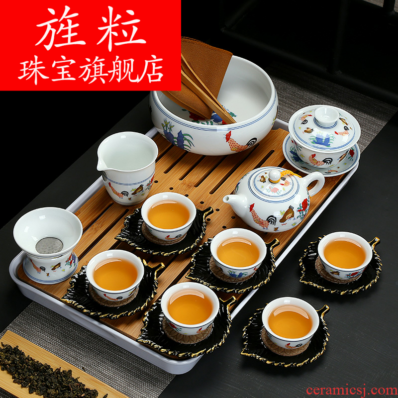 Continuous grain of jingdezhen blue and white porcelain tea sets the whole chicken cylinder cup kung fu tea set Ming chenghua bucket color antique tea