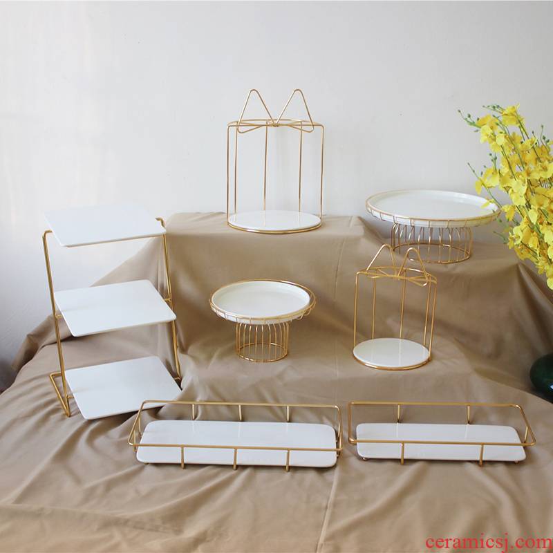Golden dessert cake machine rack suits for three snacks a decorative ceramic compote birthday cake tray was iron