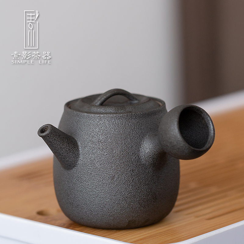 Black pottery teapot ceramic element shadow zen kung fu tea teapot filter side rough ceramic green glaze single pot of restoring ancient ways