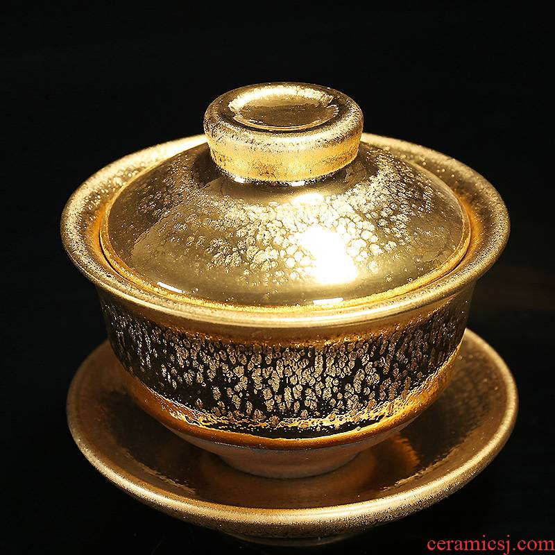 Build light oil droplets ceramic tea set tea cups kung fu hand grasp gold worship to use partridge spot three tureen