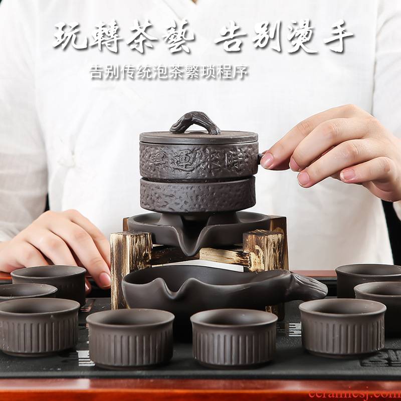 Semi automatic tea set purple ceramic household contracted kung fu tea cups lazy stone mill teapot, creative