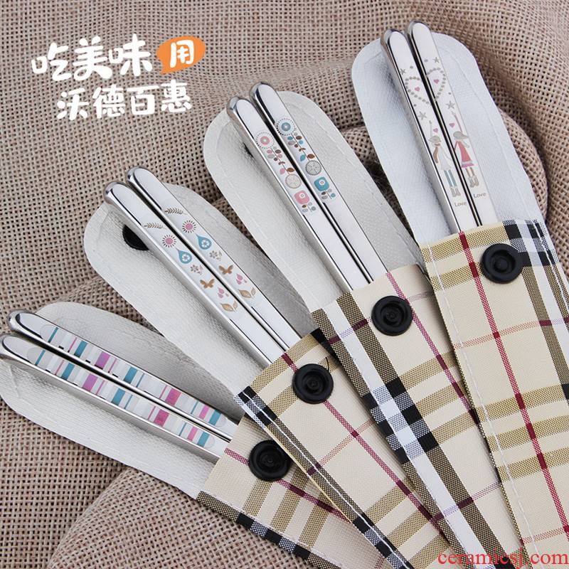 Ward (Korean creative 1 double suit household 304 stainless steel chopsticks pointed picking travel portable tableware