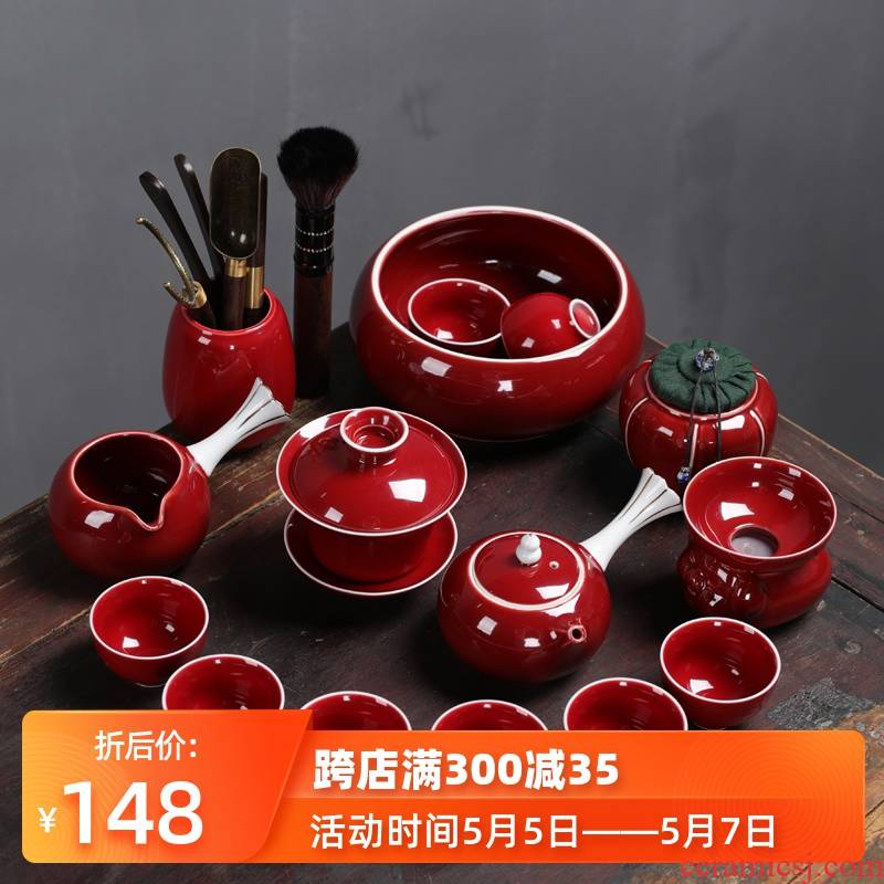 Ceramic kung fu tea set suit household Chinese wind Chinese tea cups lid bowl sitting room tea, tea tray