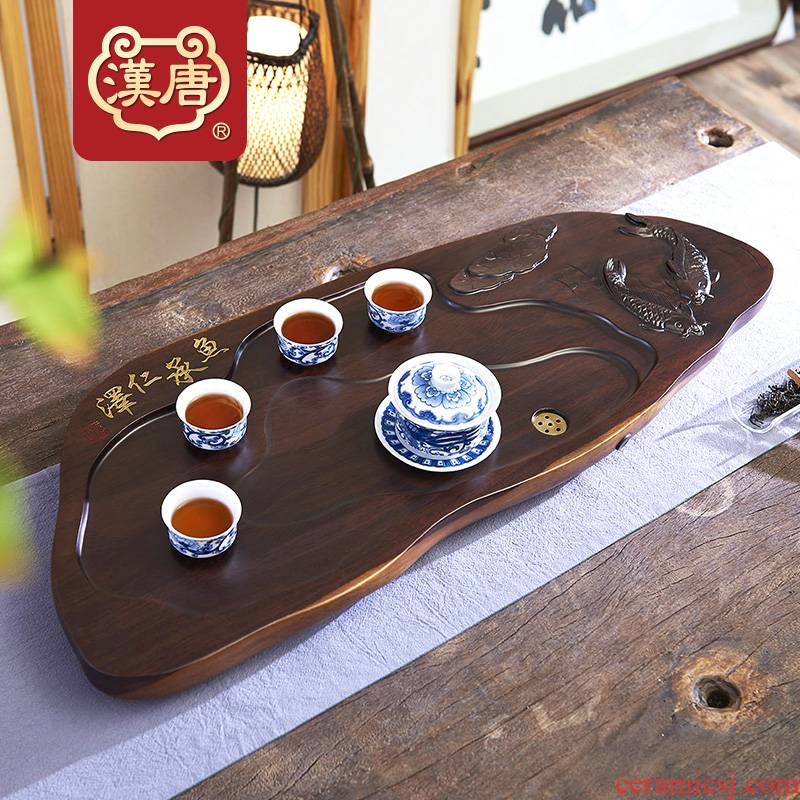 The whole piece of solid wood tea tray was han fish ChengRenZe home ground log tea table, black rosewood carving kung fu tea tea set