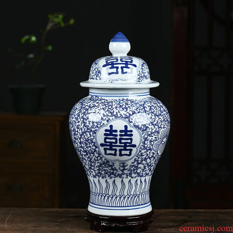 Jingdezhen ceramic general manual furnishing articles blue and white porcelain tea pot storage tank Chinese sitting room adornment is placed