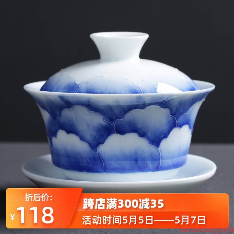 Blue and white hand draw three tureen only protect hot tea tea cup jingdezhen checking ceramic kung fu tea bowl