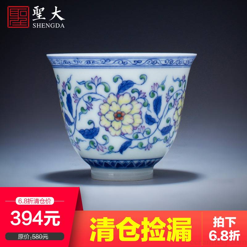 Holy big blue and white color bucket renshi teacups hand - made ceramic kungfu floral print sample tea cup cup of jingdezhen tea service master