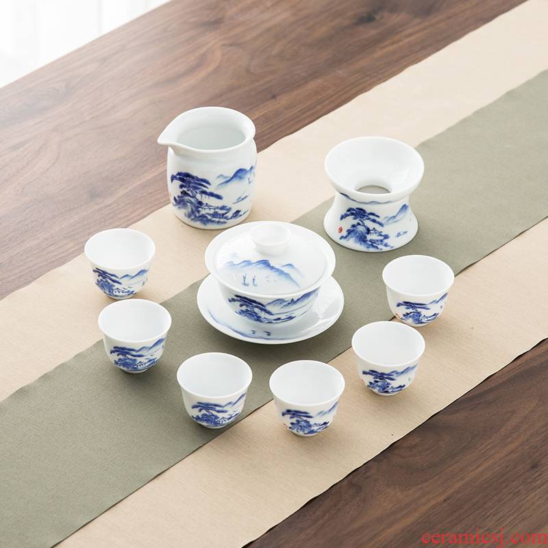 Qiu time Chinese jade porcelain landscape kung fu tea set household ceramic teapot tea cups of a complete set of gift set