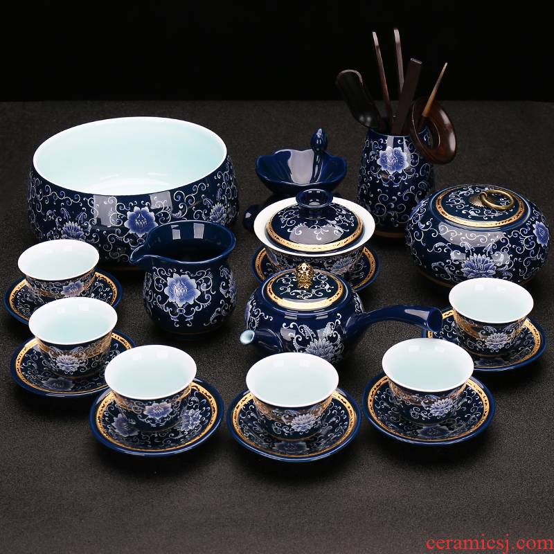 Blue and white porcelain tea set ceramic kung fu tea set the whole household contracted office tureen teapot tea cups