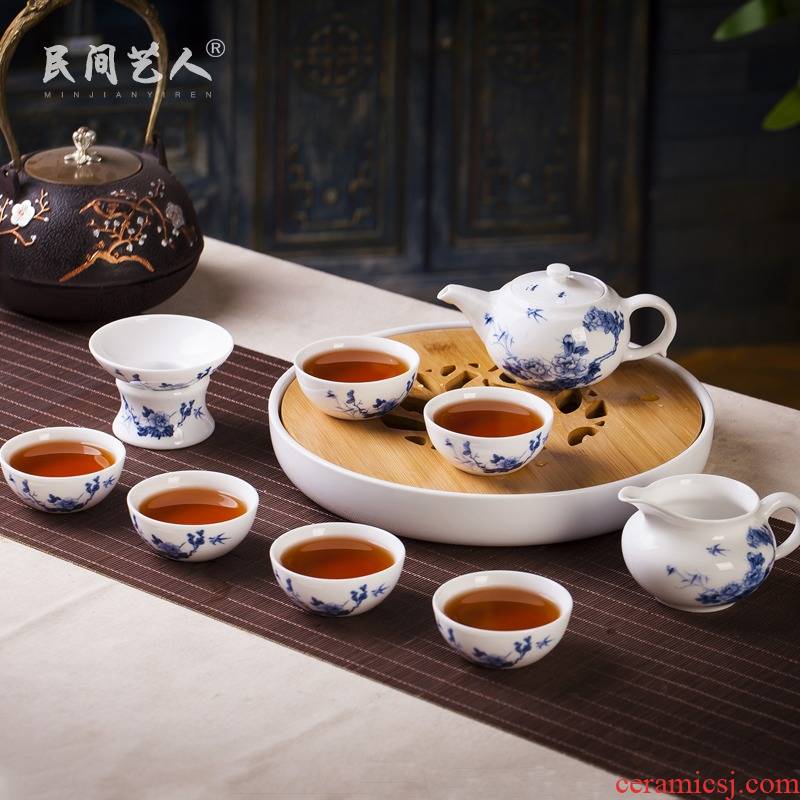 Blue and white porcelain tea set a complete set of kung fu tea tray teapot tea tea cups filter box home tea tea set